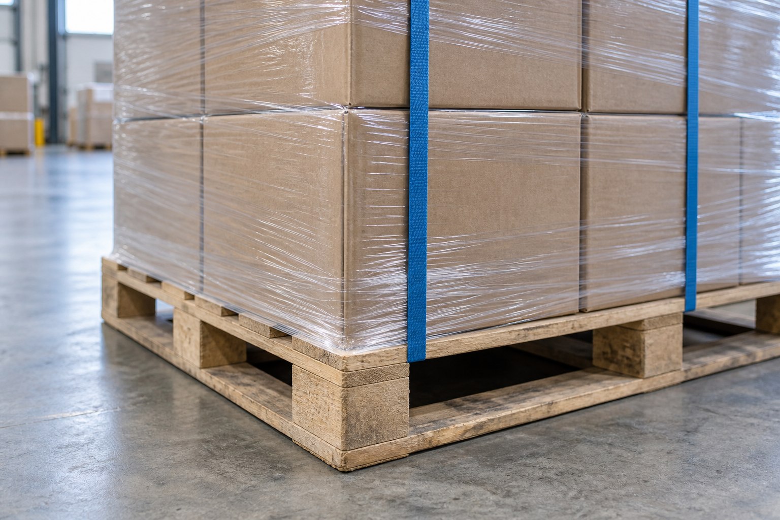 Close view of securely wrapped cartons with blue straps on a wooden pallet