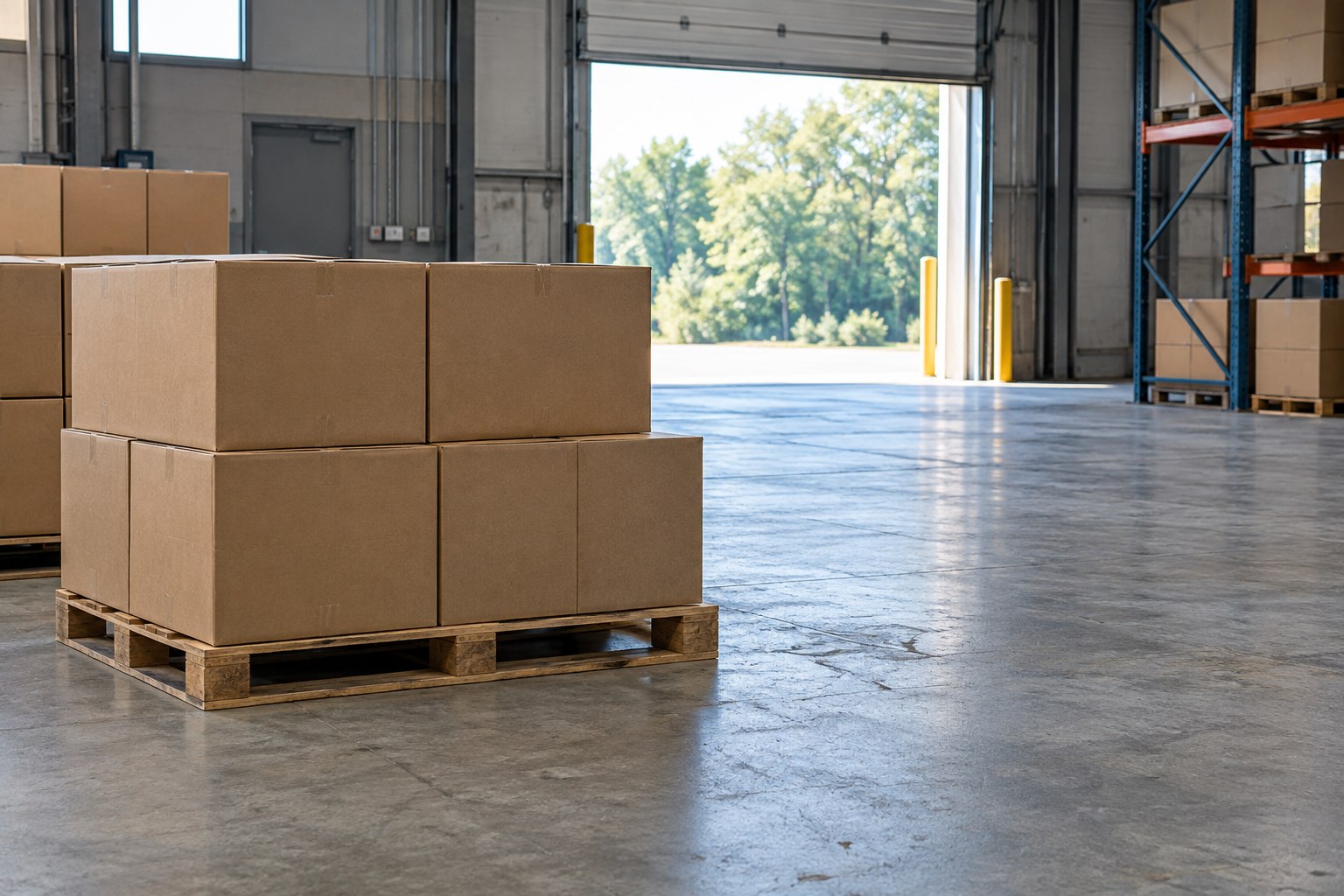 Illustrative warehouse interior with palletized cartons beside a loading bay